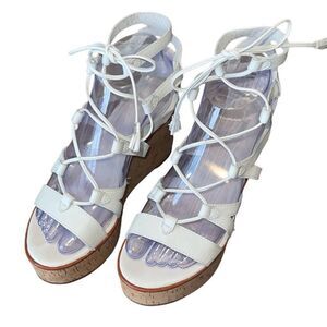 Frye Womens Heather Lace Up Tassel Cork Wedge Gladiator Sandals White Tan Size 6